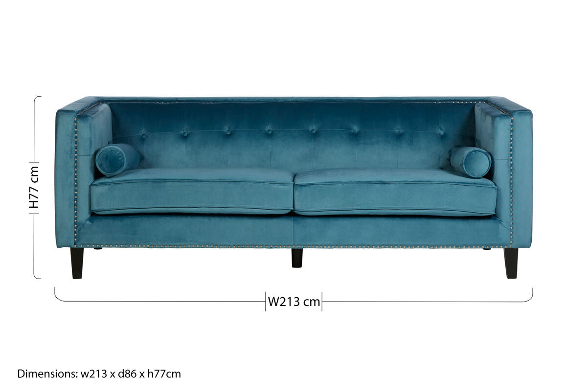 3 Seat Teal Blue Velvet Sofa, Felisa