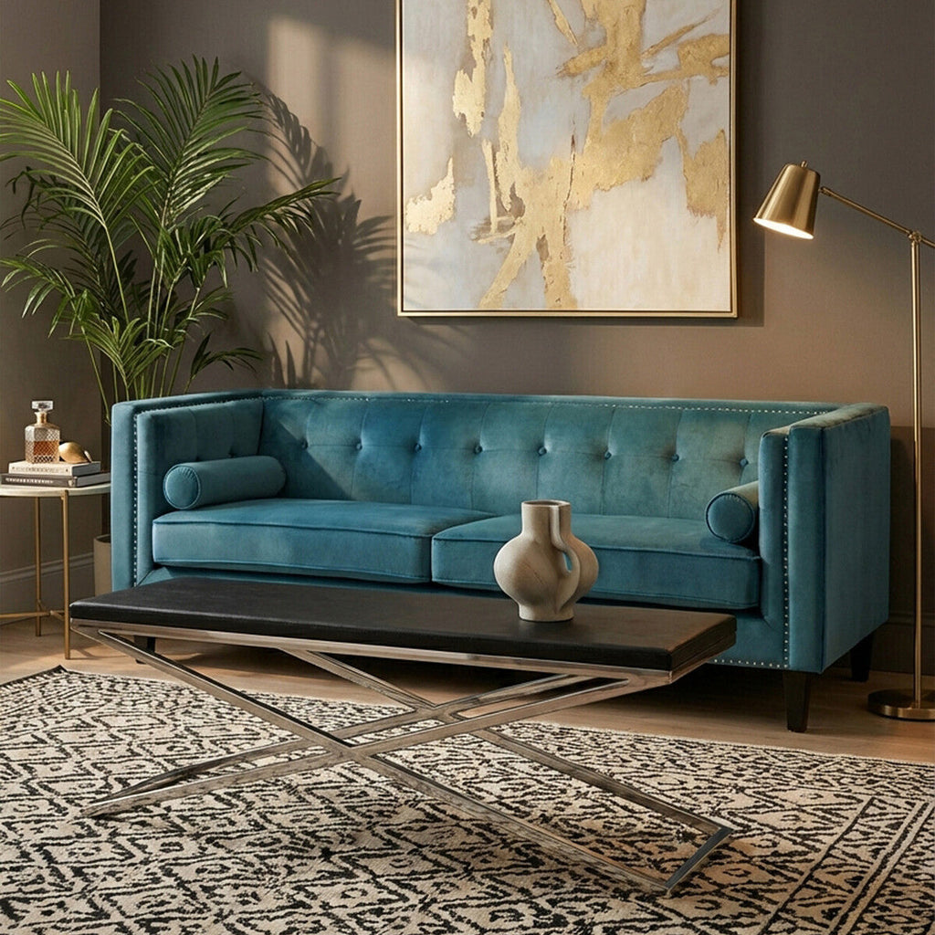 3 Seat Teal Blue Velvet Sofa, Felisa