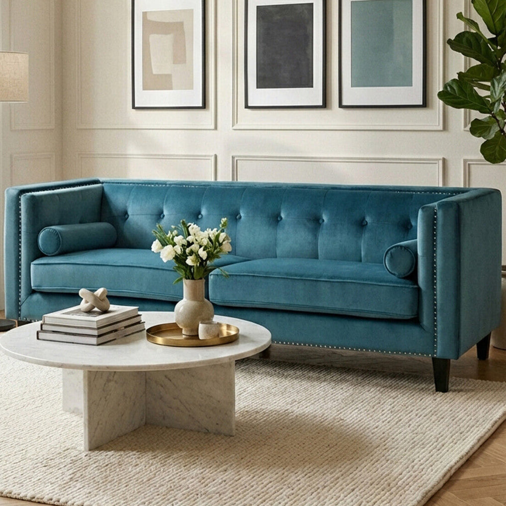 3 Seat Teal Blue Velvet Sofa, Felisa