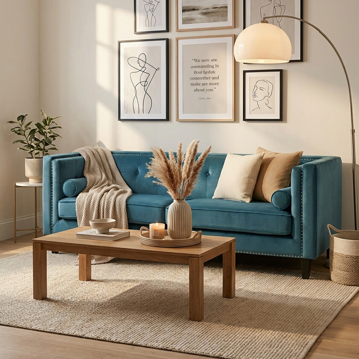 3 Seat Teal Blue Velvet Sofa, Felisa
