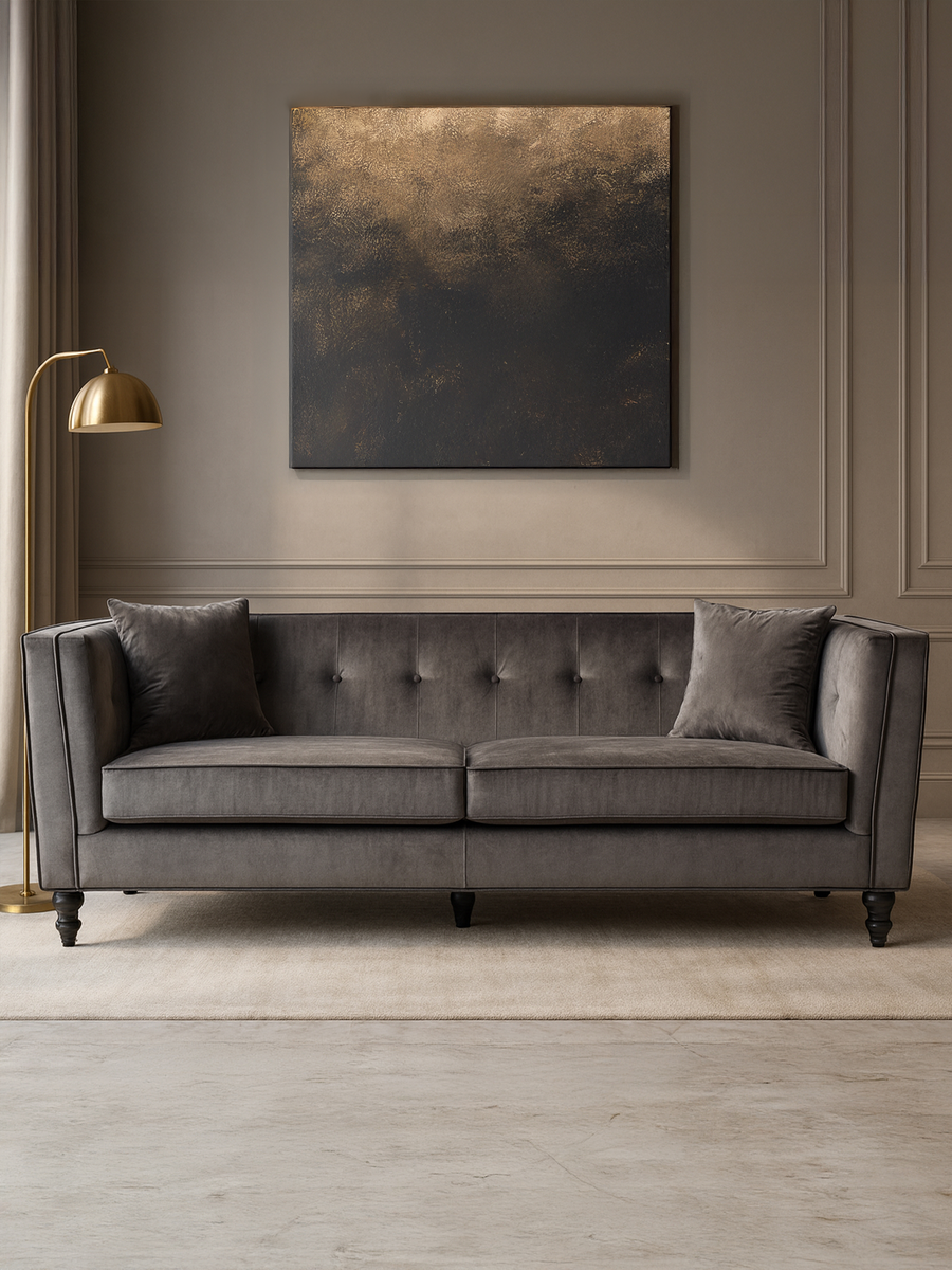 3 Seat Grey Velvet Sofa, Ferris