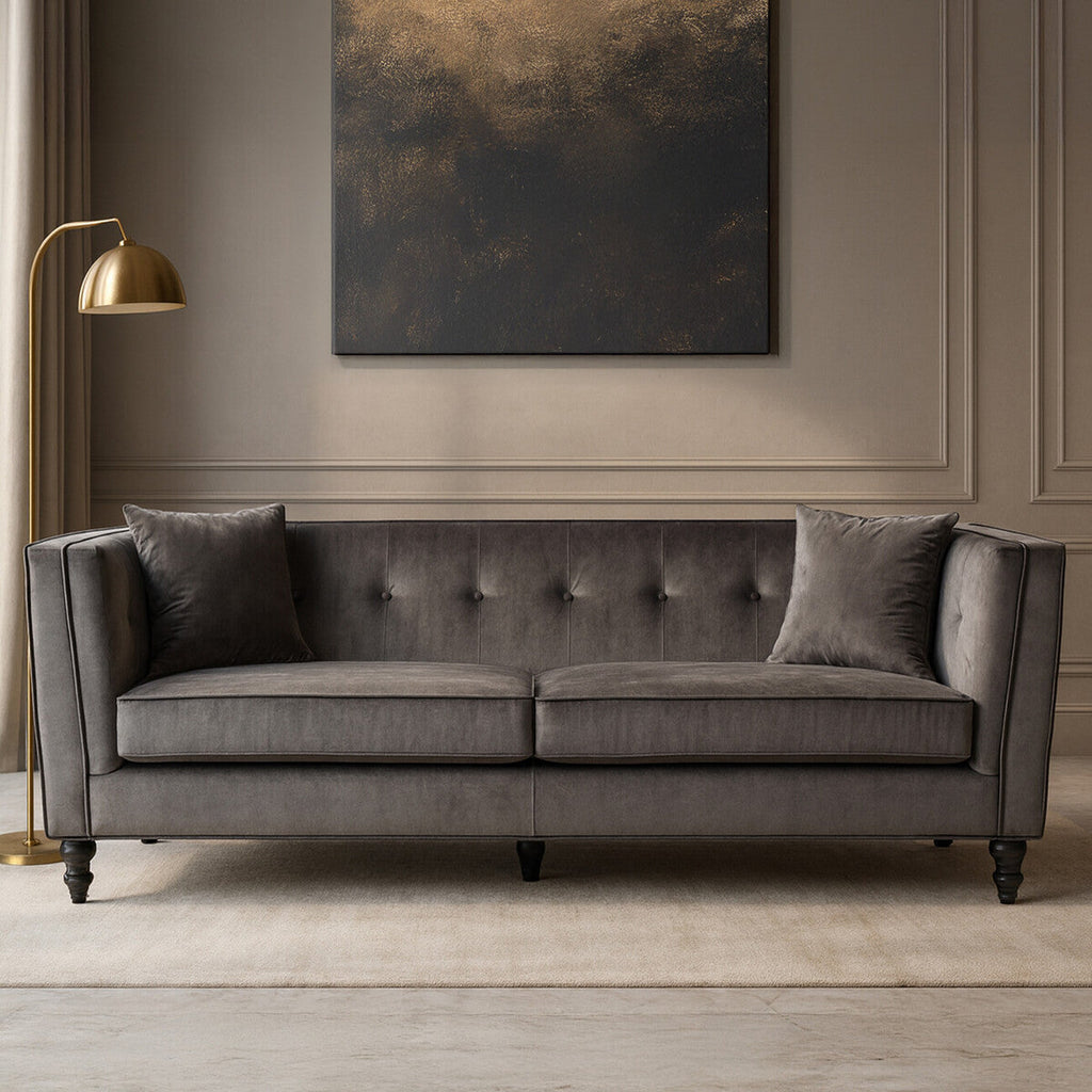 3 Seat Grey Velvet Sofa, Ferris