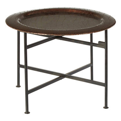 Crocodile Texture Copper Top Round Side Table With Black Metal Base, Hege