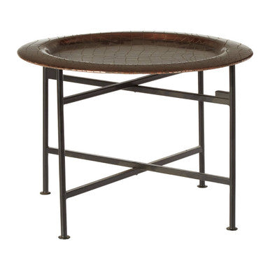 Crocodile Texture Copper Top Round Side Table With Black Metal Base, Hege