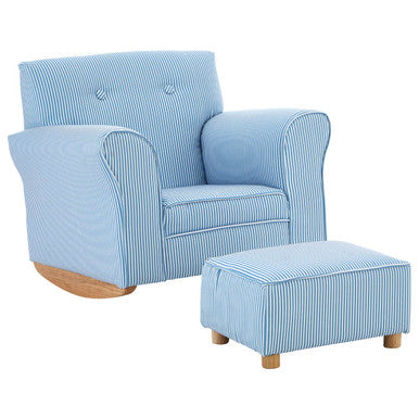 Kids Blue & White Stripe Rocking Chair With Footstool