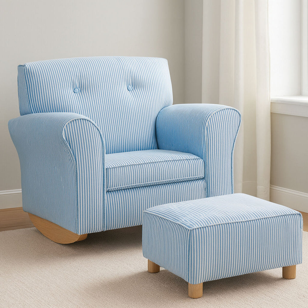 Kids Blue & White Stripe Rocking Chair With Footstool