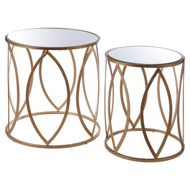 Set Of 2 Gold Metal Frame & Mirrored Top Side Tables, Arcana