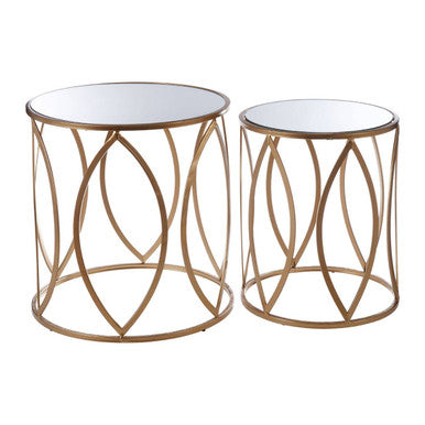 Set Of 2 Gold Metal Frame & Mirrored Top Side Tables, Arcana