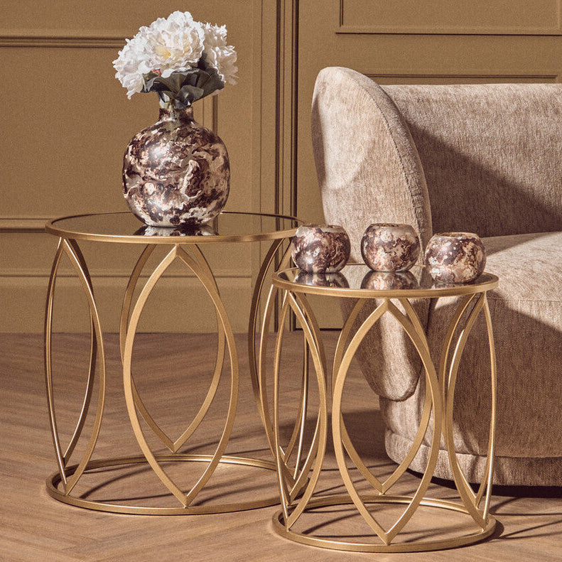 Set Of 2 Gold Metal Frame & Mirrored Top Side Tables, Arcana