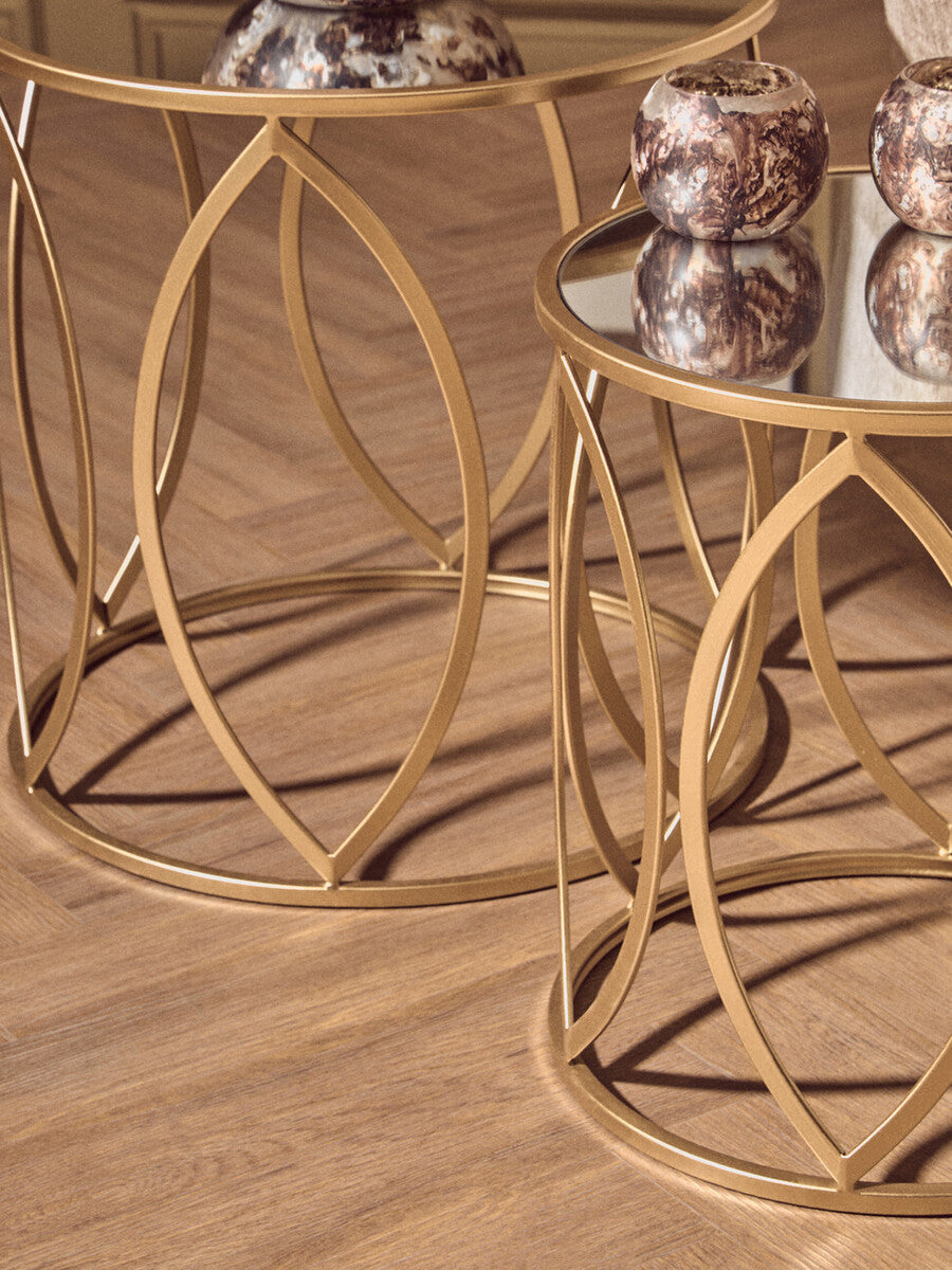 Set Of 2 Gold Metal Frame & Mirrored Top Side Tables, Arcana