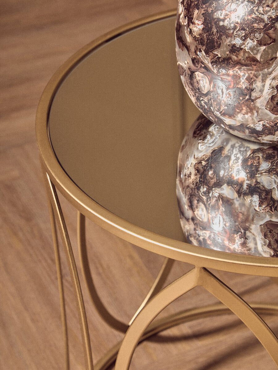 Set Of 2 Gold Metal Frame & Mirrored Top Side Tables, Arcana