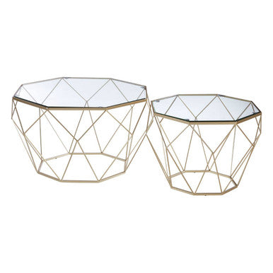 Set Of 2 Gold Geometric Design Side Tables With Tempered Glass Top, Arcana