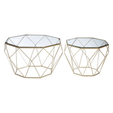Set Of 2 Gold Geometric Design Side Tables With Tempered Glass Top, Arcana