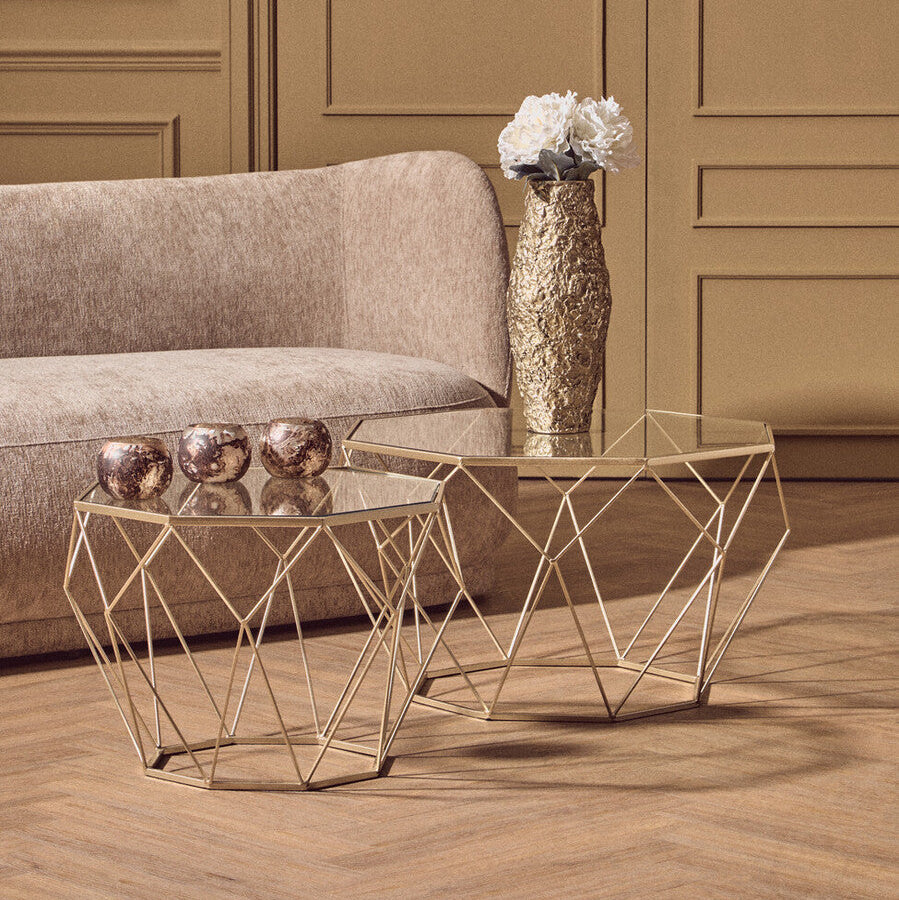 Set Of 2 Gold Geometric Design Side Tables With Tempered Glass Top, Arcana
