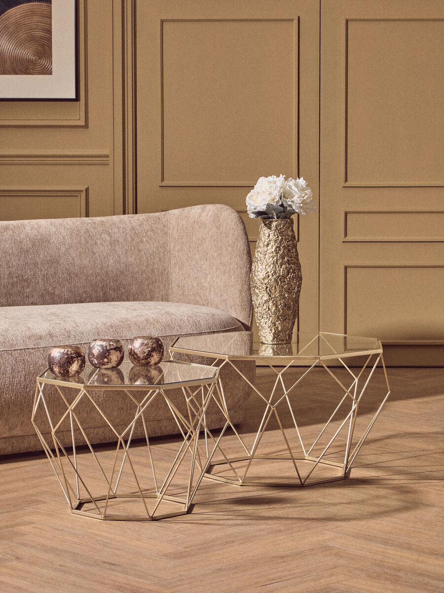 Set Of 2 Gold Geometric Design Side Tables With Tempered Glass Top, Arcana