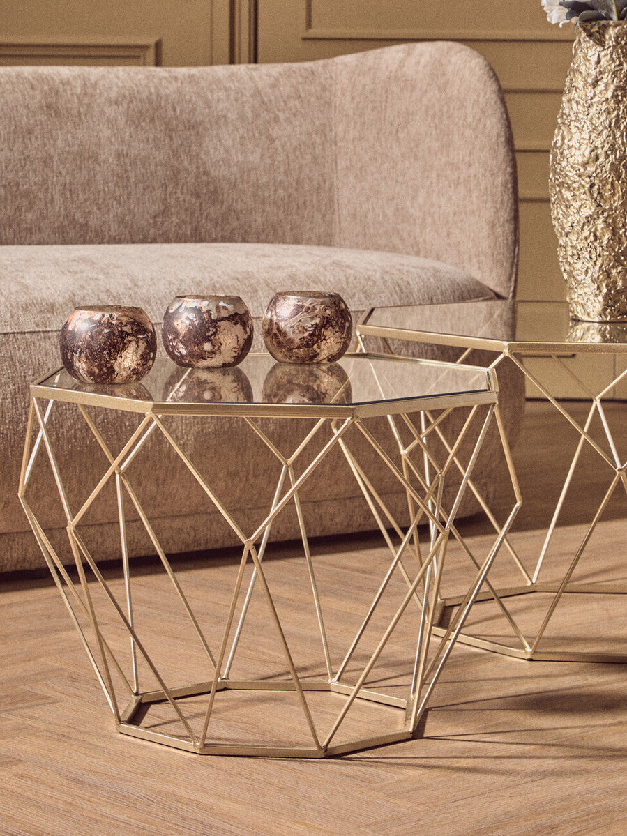Set Of 2 Gold Geometric Design Side Tables With Tempered Glass Top, Arcana