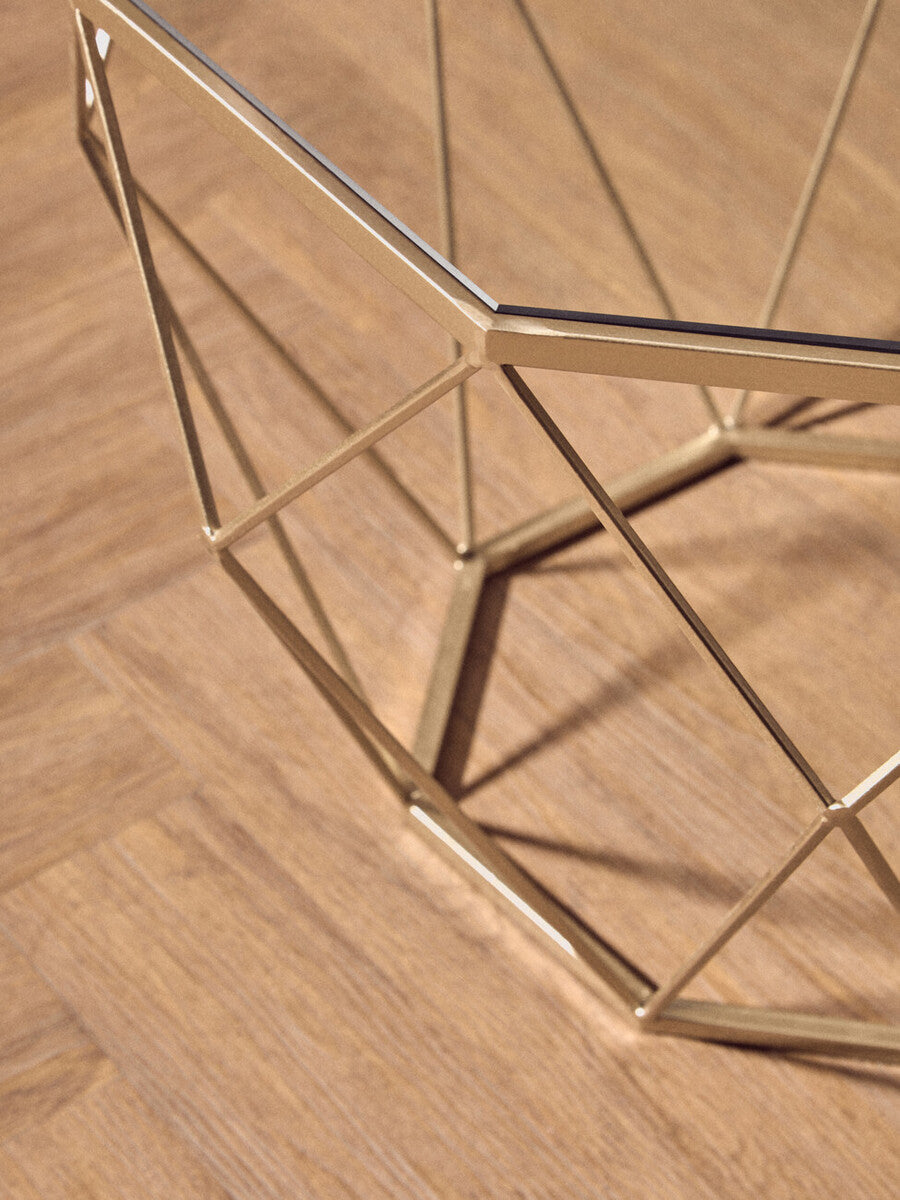 Set Of 2 Gold Geometric Design Side Tables With Tempered Glass Top, Arcana