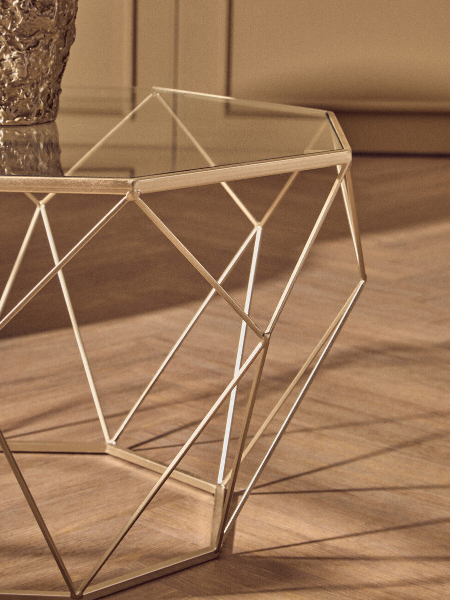 Set Of 2 Gold Geometric Design Side Tables With Tempered Glass Top, Arcana