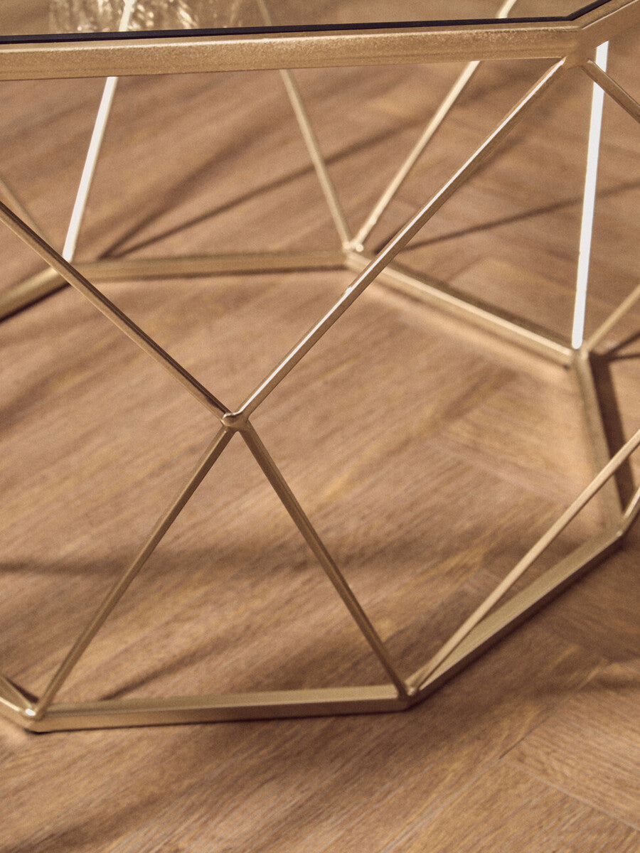 Set Of 2 Gold Geometric Design Side Tables With Tempered Glass Top, Arcana