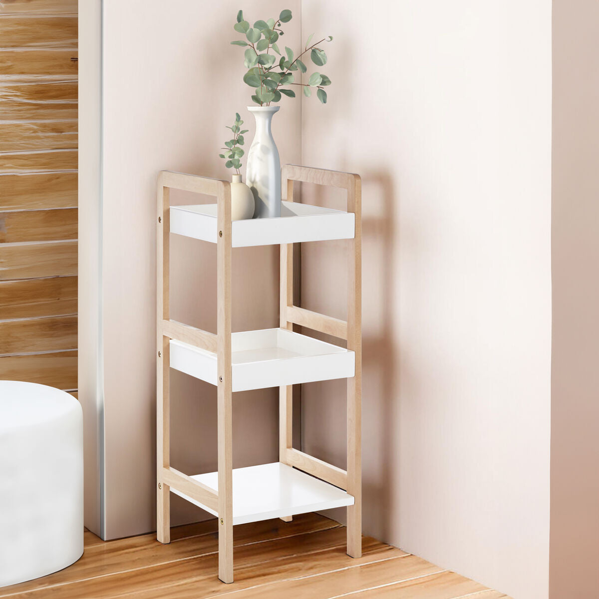 Arla 3 Tier Bathroom Shelf Unit With Birchwood Frame
