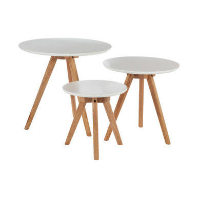 Set Of 3 White Top Side Tables With Natural Tapered Legs, Nostra