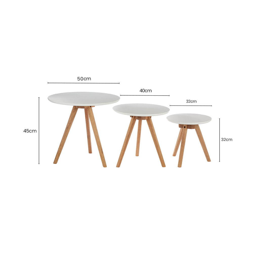 Set Of 3 White Top Side Tables With Natural Tapered Legs, Nostra