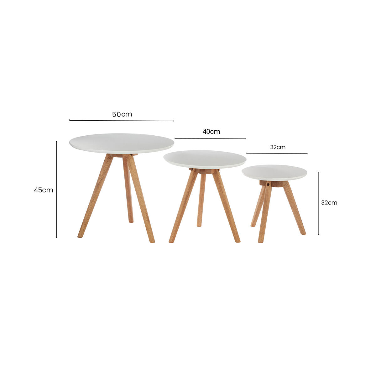 Set Of 3 White Top Side Tables With Natural Tapered Legs, Nostra