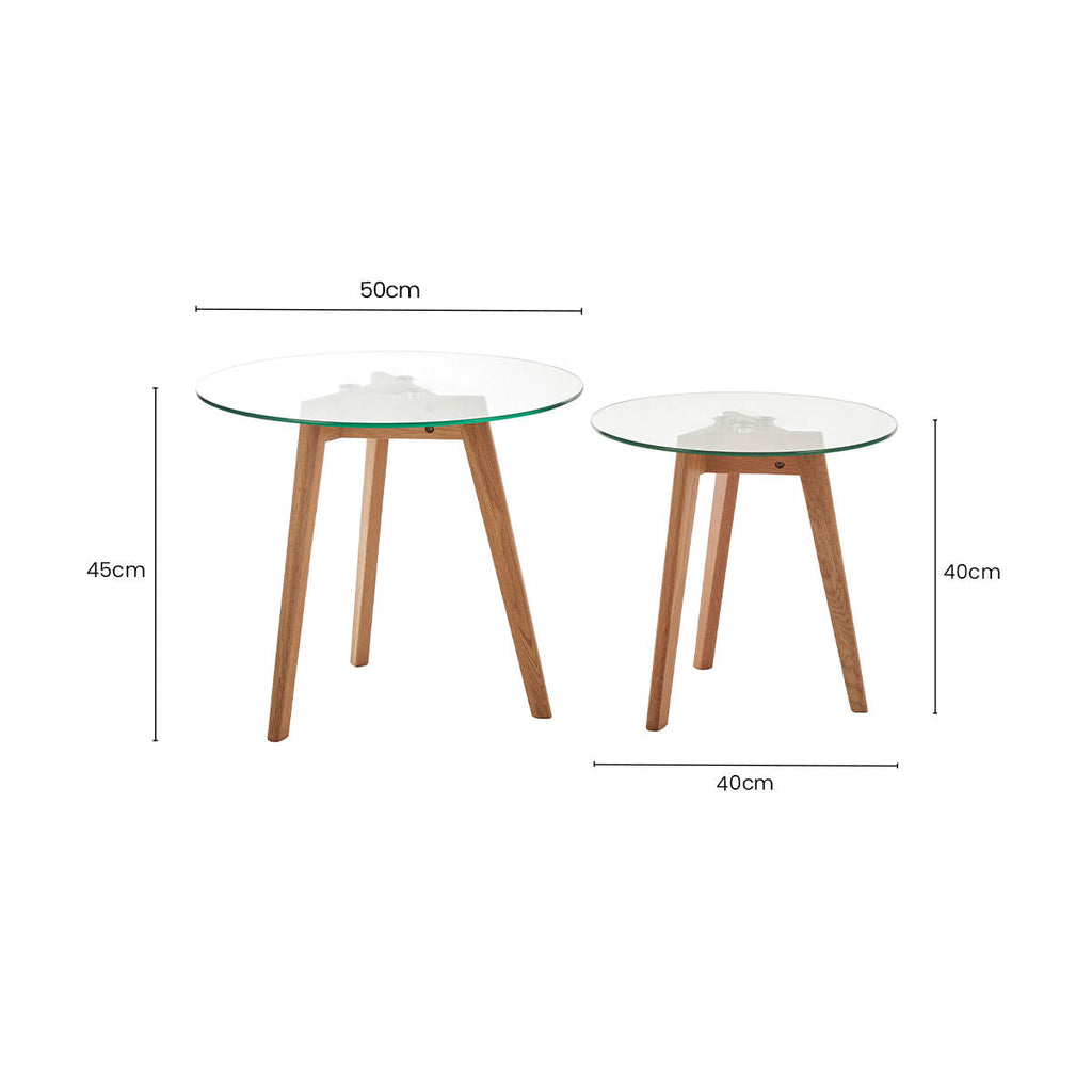 Set Of 2 Clear Glass Top Side Tables With Oak Wood Base, Nostra