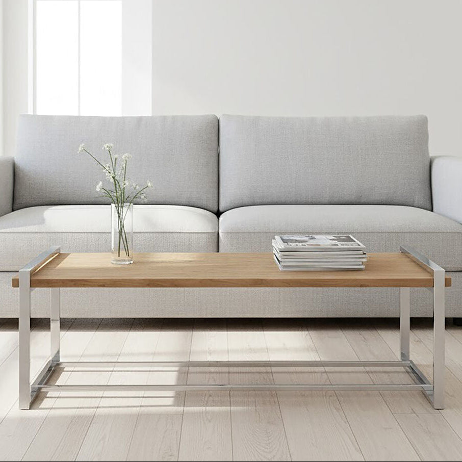 Natural Recycled Elm Wood Coffee Table With Stainless Steel Base In Copper Tones, Menteng