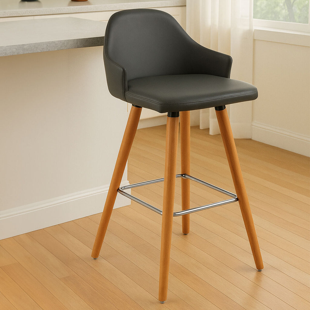 Stockholm Grey Leather Bar Stool With Beechwood Legs