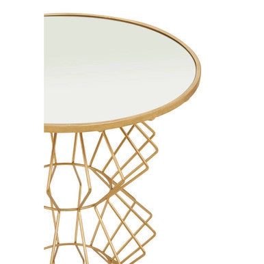 Mirrored Glass Top Side Table With Gold Concertina Wireframe Metal Base, Yaxi