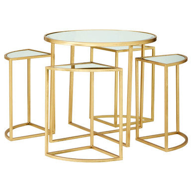 Set Of 5 Champagne Gold Wood & Metal Nesting Tables With Glass Top, Farran