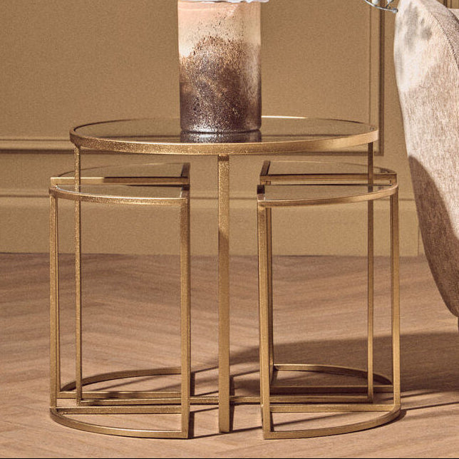 Set Of 5 Champagne Gold Wood & Metal Nesting Tables With Glass Top, Farran