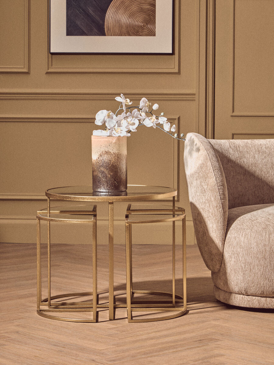 Set Of 5 Champagne Gold Wood & Metal Nesting Tables With Glass Top, Farran