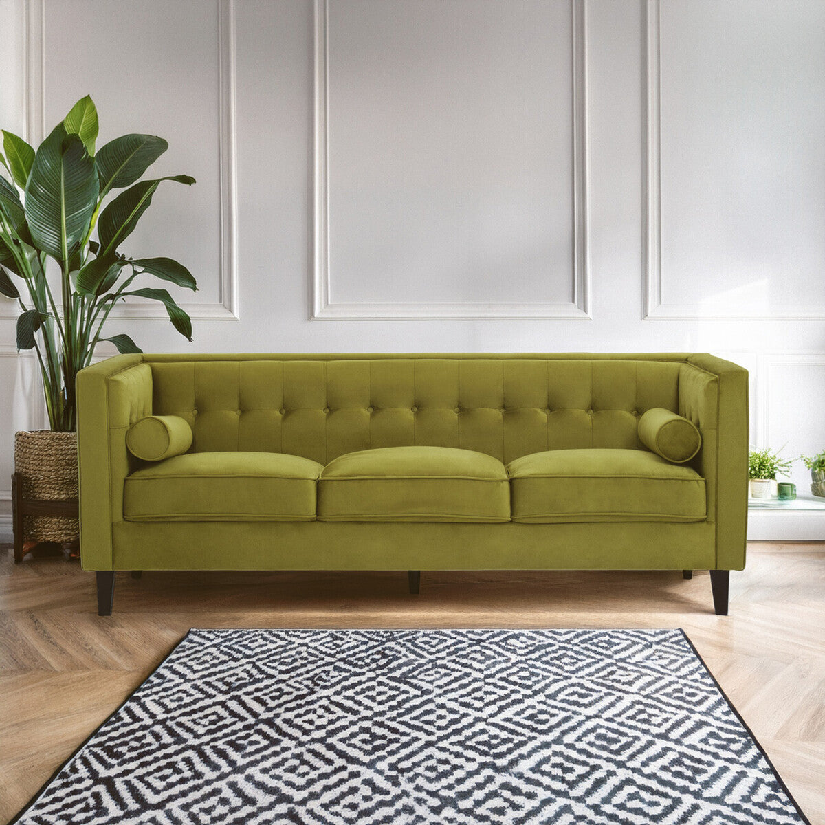 3 Seat Olive Velvet Sofa, Helia