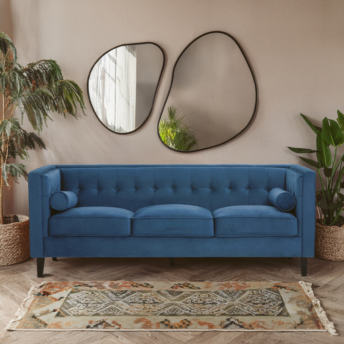 3 Seat Blue Velvet Sofa, Helia