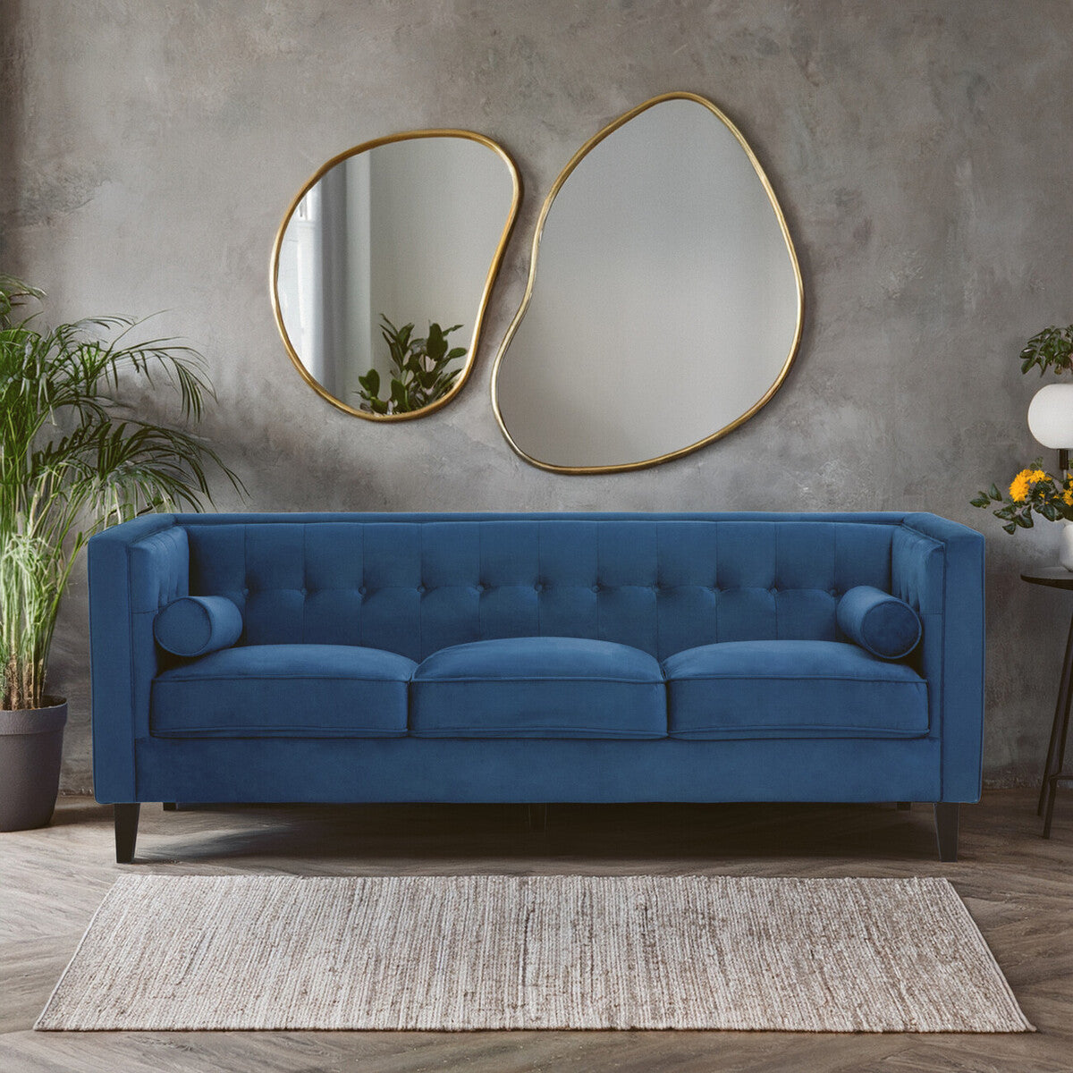 3 Seat Blue Velvet Sofa, Helia