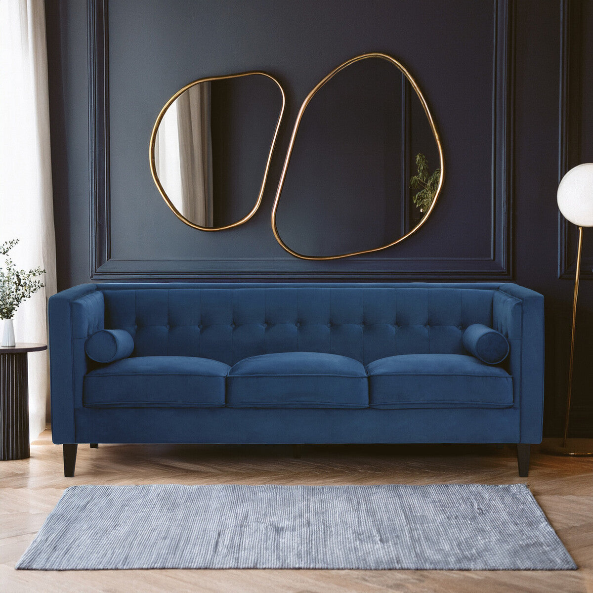 3 Seat Blue Velvet Sofa, Helia