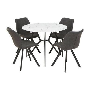 White Round Marble Top & Grey Meta Frame Dining Table With Grey 6 Chairs Set, Weston