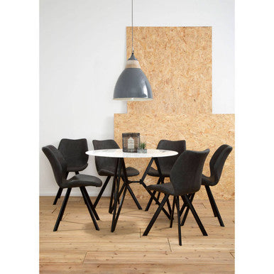 White Round Marble Top & Grey Meta Frame Dining Table With Grey 6 Chairs Set, Weston