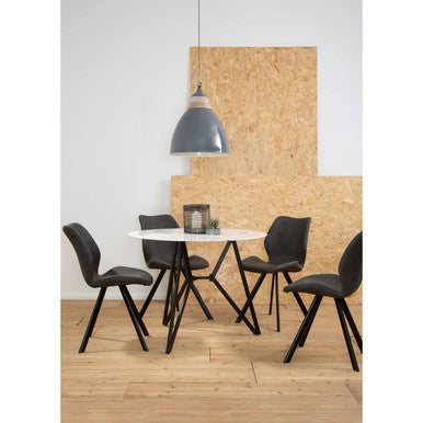 White Round Marble Top & Grey Meta Frame Dining Table With Grey 6 Chairs Set, Weston