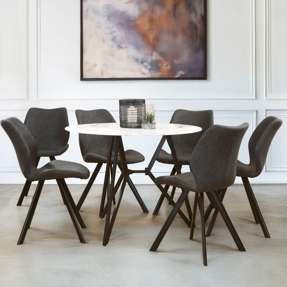 White Round Marble Top & Grey Meta Frame Dining Table With Grey 6 Chairs Set, Weston