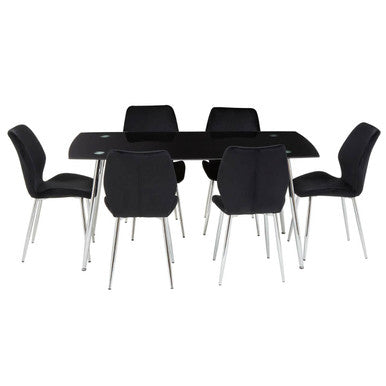 Black Tempered Glass Top & Silver Frame Dining Table With 6 Chairs Set, Wimslow