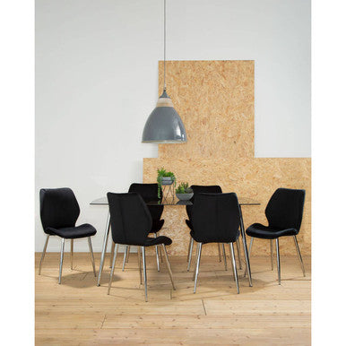 Black Tempered Glass Top & Silver Frame Dining Table With 6 Chairs Set, Wimslow