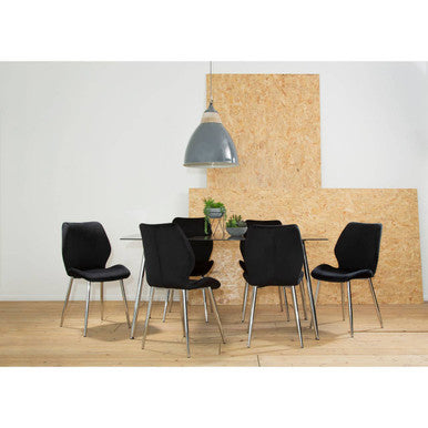 Black Tempered Glass Top & Silver Frame Dining Table With 6 Chairs Set, Wimslow