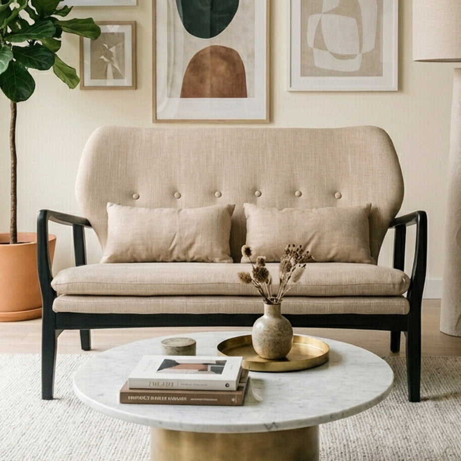 2 Seat Beige Sofa With Black Wood Frame, Stockholm