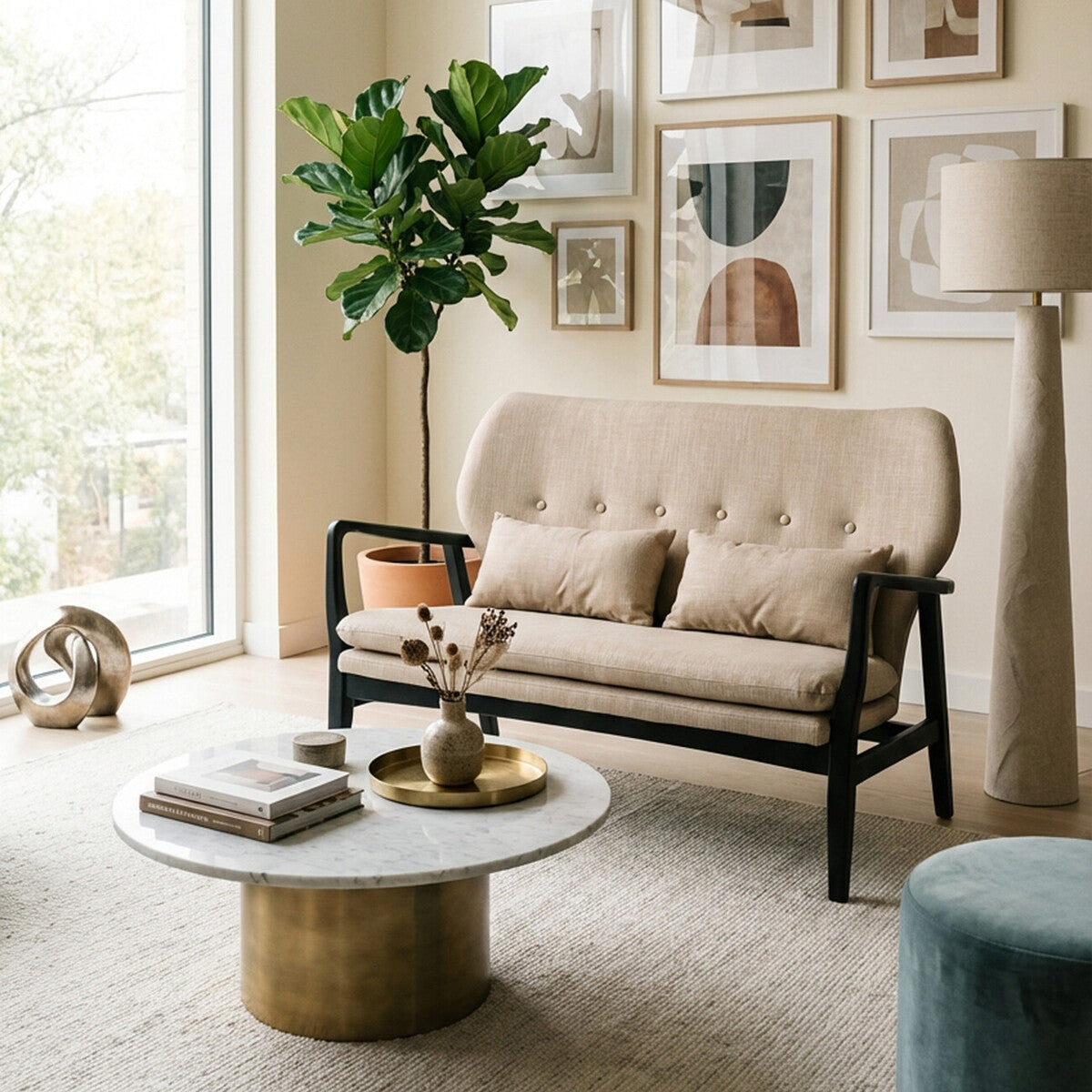 2 Seat Beige Sofa With Black Wood Frame, Stockholm