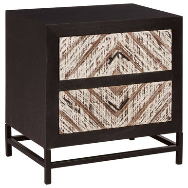 Black Wooden 2-Drawer Bedside Table With Chevron Pattern Drawer Fronts & Metal Handles, Lombok