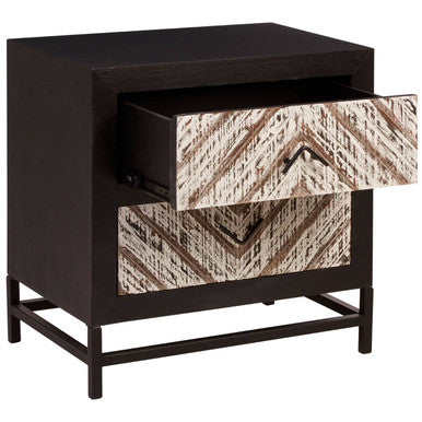 Black Wooden 2-Drawer Bedside Table With Chevron Pattern Drawer Fronts & Metal Handles, Lombok