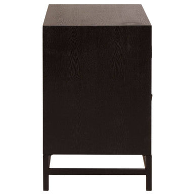 Black Wooden 2-Drawer Bedside Table With Chevron Pattern Drawer Fronts & Metal Handles, Lombok